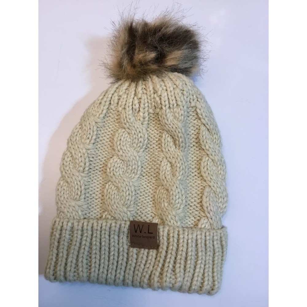White Leopard Beanie Khaki Colored With Brown Fur Fluff On Top